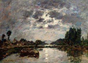 Maanlicht, Canal de St. Valery, 1891 door Eugene Louis Boudin