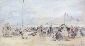 Mensen op het strand, Trouville door Eugene Louis Boudin