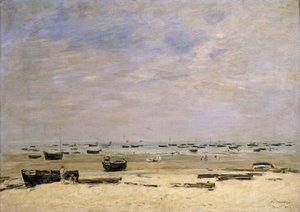 Rivierbarges bij eb; Berck le Rivage a Maree Basse, 1882 door Eugene Louis Boudin