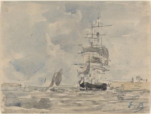 Zeegezicht met Zeilschip door Eugene Louis Boudin