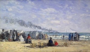 Het strand van Trouville tijdens het baden, 1868 door Eugene Louis Boudin