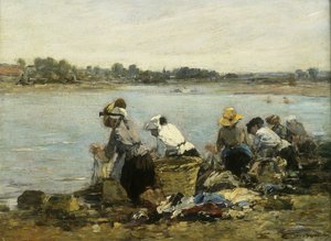 Wasvrouwen bij la Torque; Les Lavandieres a la Touque door Eugene Louis Boudin