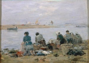 Wasvrouwen aan de oevers van de Touques bij Trouville door Eugene Louis Boudin