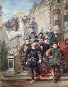 Een koninklijke processie die een trap afdaalt in een tuin, 1869 door Eugene Louis Lami