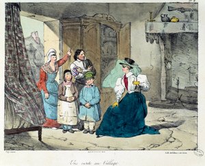 Een bezoek aan het dorp. Een rijke vrouw bezoekt een arme familie. Illustratie van het boek 