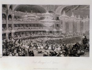 Gemaskerd bal georganiseerd in de Opera van Parijs. Gravure door Eugene Louis Lami (1800-1890) 1843 Privécollectie door Eugene Louis Lami