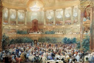 Diner aangeboden door Napoleon III aan koningin Victoria in de operazaal van Versailles op 25 augustus