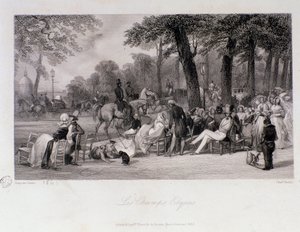 Passagiers en wandelaars op de Champs Elysees in Parijs. Gravure door Eugene Louis Lami (1800-1890) 1841 Privécollectie
