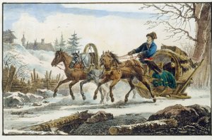 Het paardenslee met schuilplaats voor reizigers (Troika Kibitka).