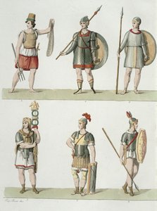 Romeinse Soldaten, detail van plaat 2, Klasse 5 van Deel I van De Geschiedenis van de Naties, gegraveerd door Buttazon door Eugenio Bosa