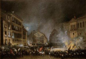 Episode van de Revolutie van 1854 in Puerta del Sol in Madrid door Eugenio Lucas Velázquez