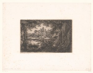 Gezicht op een meer vanaf de bosrand door Eugène Bléry (signed by artist)