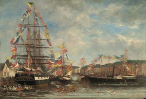 Festival in de haven van Honfleur door Eugène Boudin