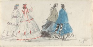 Vier Dames in Crinolines Wandelen in Trouville