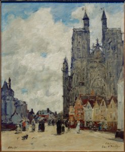 Straat en kerk Saint-Vulfran