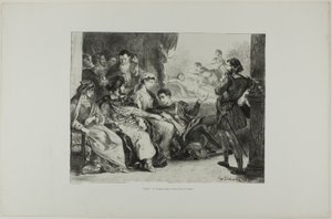 Hamlet laat de spelers de vergiftiging van zijn vader naspelen, plaat 7 uit Hamlet door Eugène Delacroix