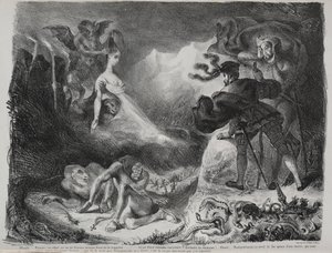 Illustraties voor Faust: Marguerites schaduw verschijnt aan Faust door Eugène Delacroix