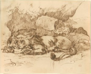 Leeuw die een Konijn Verslindt door Eugène Delacroix