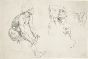 Mannelijk naakt poseert voor figuren in de Frise de la Guerre