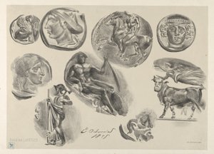 Blad met negen antieke munten, 1825 door Eugène Delacroix