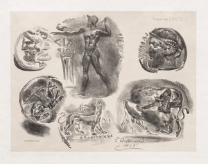 Blad met Zes Antieke Munten door Eugène Delacroix