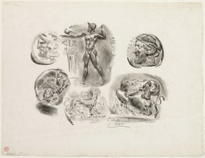 Blad met zes antieke medailles door Eugène Delacroix
