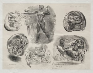Blad met zes antieke medailles door Eugène Delacroix