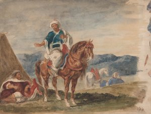 Drie Arabische ruiters bij een kampement