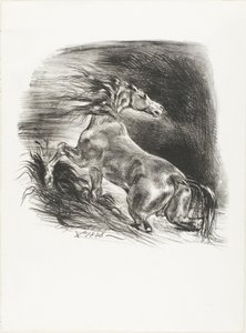 Wild paard, of geschrokken paard dat het water verlaat door Eugène Delacroix