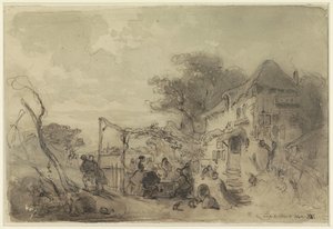 Gezelschap op terras voor herberg langs een weg door Eugène François de Block