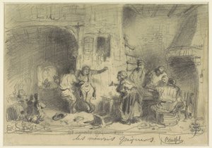 Herberginterieur met dronken bezoekers die weigeren te betalen door Eugène François de Block