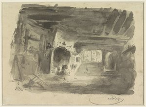Interieur met geknielde vrouw voor haard