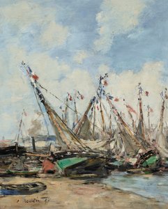 Trouville, de haven, gestrande zeilboten