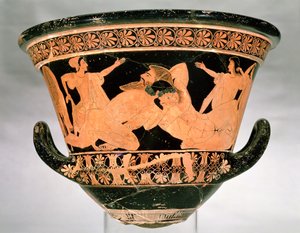 Attische roodfigurige kalixkrater met Herakles die worstelt met Antaeus, uit Cervetri, Italië, ca. 510 v.Chr.