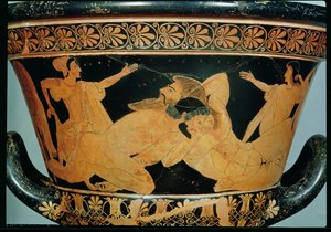 Attische roodfigurige calyx-krater met Herakles die worstelt met Antaeus, uit Cervetri