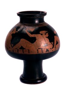 Roodfiguur psykter wijnkoeler met een symposiumscène, Oud-Grieks