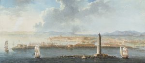 Uitzicht op een haven vanaf de zee, waarschijnlijk Livorno door European School