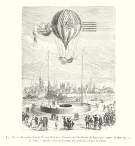 Ascensie op 12 juni 1784 met het luchtschip van de Academie van Dijon, door Guyton de Morveau en de Virly, eerste poging tot luchtschipbesturing met roeispanen door European School