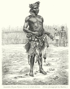 Azandeh (Nyam-Nyam) binsa of heksendokter (gravure)