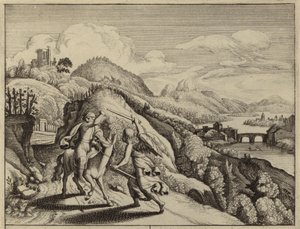 Bileam berispt door zijn ezel op weg naar Balak, koning van Moab (gravure)