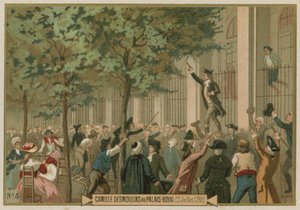 Camille Desmoulins roept op tot de wapens buiten het Palais Royal, Parijs, Franse Revolutie, 12 juli 1789 door European School