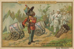Cartoon Afrikaan Bewaakt Leibig Vleesextract Kanon door European School