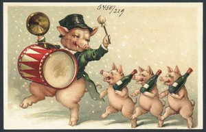 Varkens vieren (kleurenlitho)