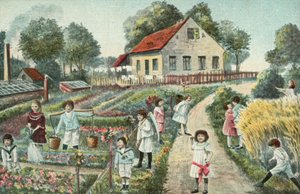 Kinderen in een tuin of volkstuin (kleurenlitho) door European School