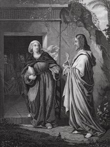 Christus verschijnt aan Maria, Johannes, Hoofdstuk 20, vers 14 (gravure) door European School