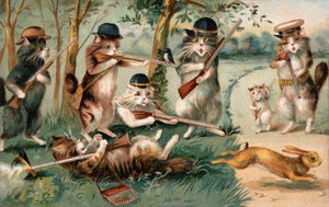Komische katten, op jacht naar konijnen (kleurenlitho) door European School
