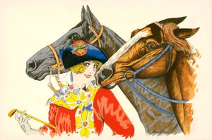 Kokette, kleurrijk geklede vrouw met een baret met een rozet erop, met twee paarden (kleurenlitho)