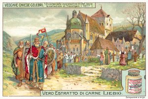 Kroningsprocessie van koning Olaf II van Noorwegen verlaat de kathedraal van Trondheim door European School