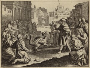 Daniel vernietigt het afgodsbeeld van Bel en de draak (gravure)