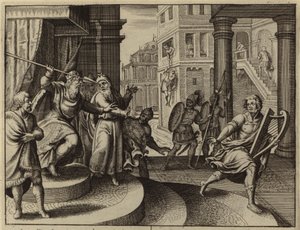 David ontsnapt na Sauls poging om hem te doden (gravure) door European School